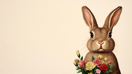 Obraz premium Antique Easter card featuring a Victorian bunny holding a bouquet of flowers, muted pastels and gold accents, soft sepia tone 