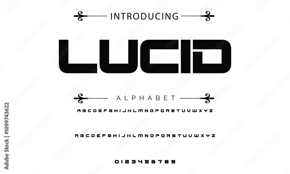 Poster modern techno font, futuristic line type of english alphabet letters and numbers. minimal tech typef