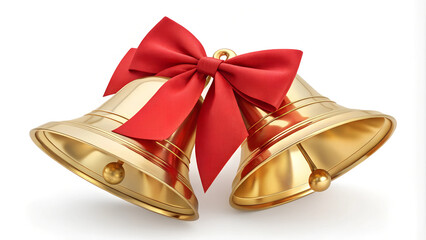 3D Gold Bells with Red Bow Isolated on White Background