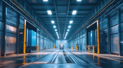 Obraz premium Dramatic Industrial Container Depot Paint Booth: Ultra HD Maintenance Photography with Automated Spray Systems and Environmental Filtration, Focus on Surface Preparation and Coating Detail.