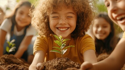 Ethnic diversity Happy children planting seedlings in rich soil together outdoors.