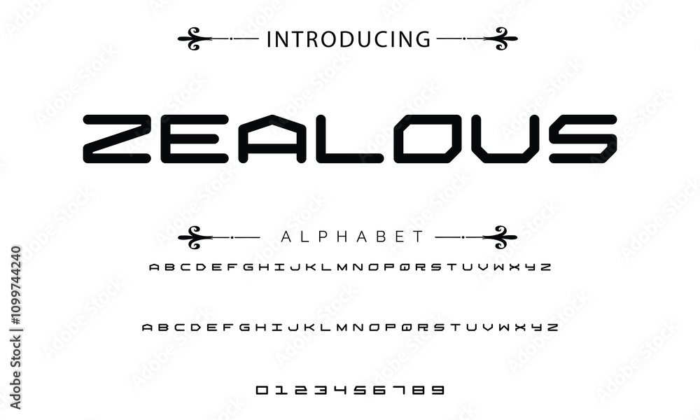 Poster modern techno font, futuristic line type of english alphabet letters and numbers. minimal tech typef