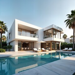 Fototapeta premium Modern villa with pool and palm trees. Stylish design. Indoor-outdoor living. Relaxing atmosphere. Beautiful view. Luxurious house. Vacation home. Resort style. Tropical feel.