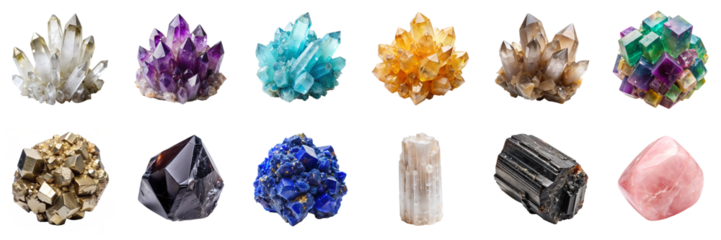 Gemstones and crystal clusters isolated on transparent background. Amethyst, aquamarine, azurite, black tourmaline, citrine, clear quartz, fluorite, obsidian, pyrite, selenite in png collection