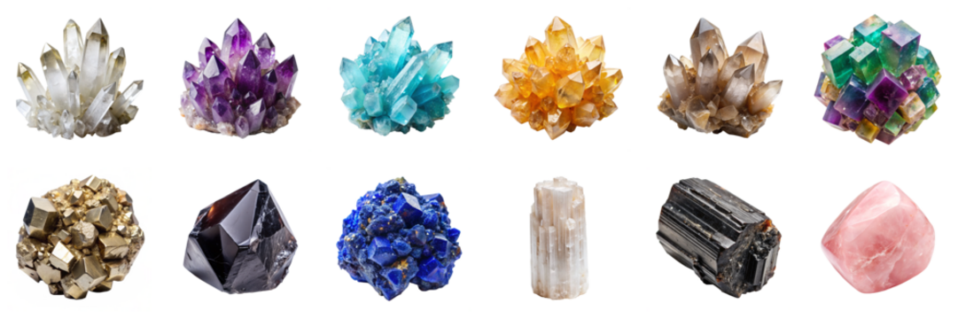 Gemstones and crystal clusters isolated on transparent background. Amethyst, aquamarine, azurite, black tourmaline, citrine, clear quartz, fluorite, obsidian, pyrite, selenite in png collection