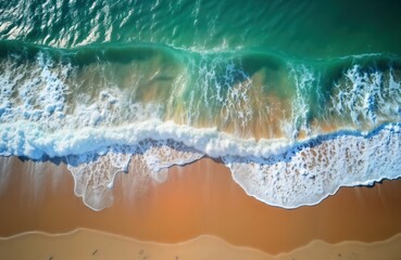 Aerial view of tropical beach with turquoise ocean waves gently crashing on sandy shore. Sunny day with beautiful scenery. Calm water, soft sand make perfect summer holiday location. People enjoying