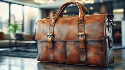 Elegant vintage leather briefcase with brass buckles, showcased on a polished office desk in a modern workspace.