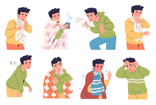 Man cold symptoms. Male person feeling fever coldness weak headache flu illness symptom, chilling coughing sick guy common influenza infection, cartoon classy vector illustration