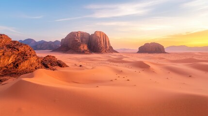Fototapeta premium A serene desert landscape featuring vast sand dunes and majestic rock formations under a colorful sky at sunset.