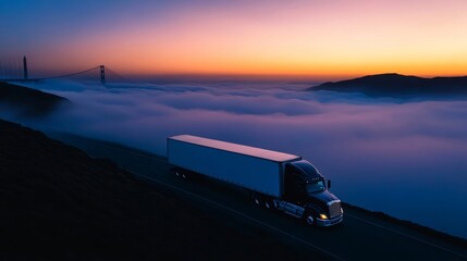 Obraz premium Blue cargo truck parked near the Golden Gate Bridge in San Francisco, fog rolling in from the bay, classic West Coast scene 