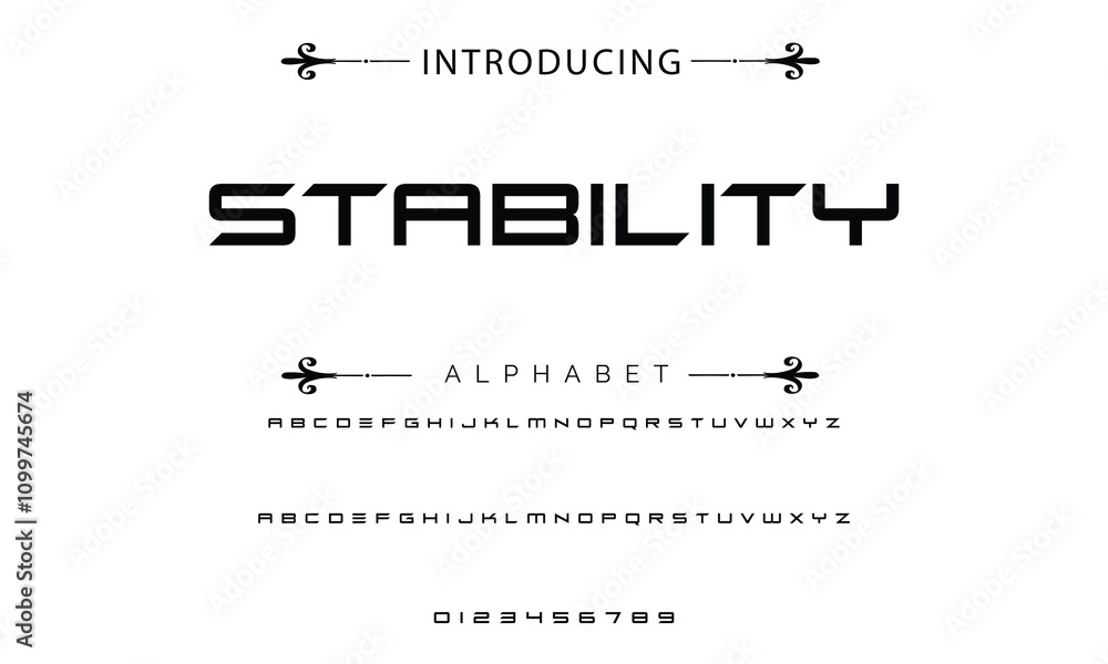 Poster modern techno font, futuristic line type of english alphabet letters and numbers. minimal tech typef