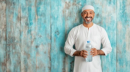 Ethnic diversity Smiling man holding water bottle against blue wooden background.