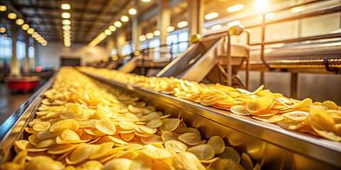 Fototapeta premium Potato chips on a modern production line, close-up shot, emphasizing the cleanliness and advanced technology of the process