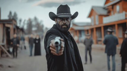 Serious cowboy pointing gun at camera in wild west town