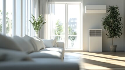 Chic living room with modern air conditioner, cozy light-filled space, stylish sofa, and greenery enhancing a serene atmosphere.
