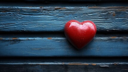Fototapeta premium Heart-shaped decoration rests on blue wooden surface with droplets of water