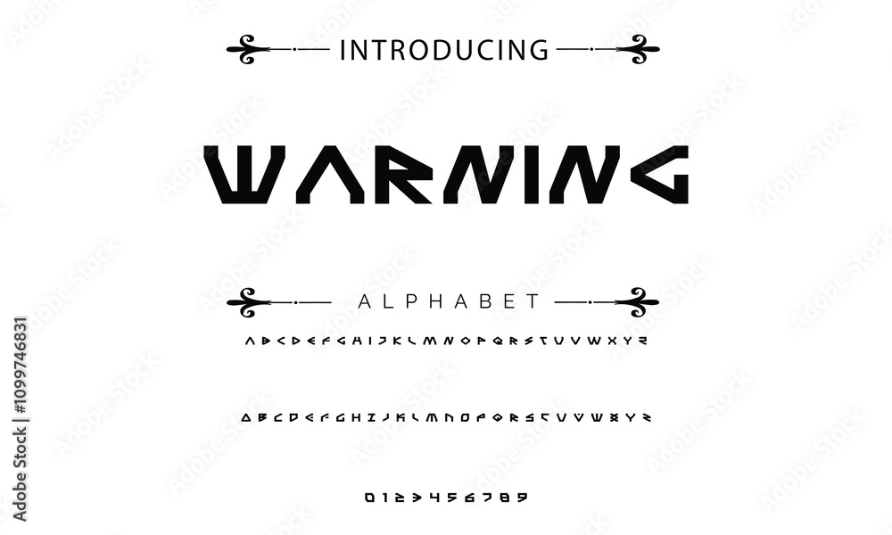 Poster modern techno font, futuristic line type of english alphabet letters and numbers. minimal tech typef