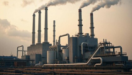 Industrial power plant with chimneys, pipes, and heavy machinery in the background