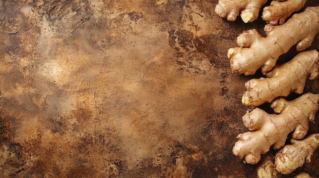 Raw ginger roots arranged on a textured brown background with ample negative space, ideal for adding text or annotations.
