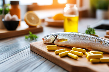 Fresh fish with yellow tablets on a wooden surface