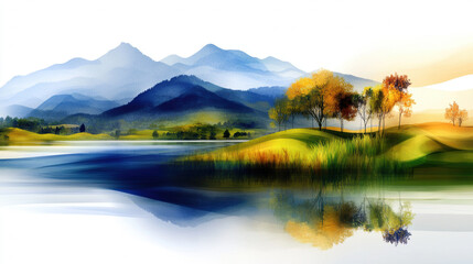 Fototapeta premium peaceful river scene with watercolor washes features serene mountains and vibrant autumn trees reflecting in calm water, creating tranquil and harmonious landscape