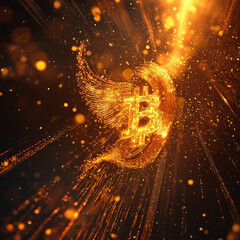 Metaphorical crypto bull run, glowing Bitcoin symbol rising like a phoenix, streams of binary code, lens flares, powerful upward momentum, dark moody atmosphere with golden highlights