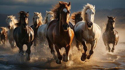 Obraz premium Herd of Horses Galloping Through Water at Sunset