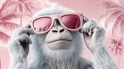 Monkey adjusting pink sunglasses against tropical palm background. Humorous primate portrait with rose-tinted aesthetic. Playful summer themed hipster animal fashion concept. 8k