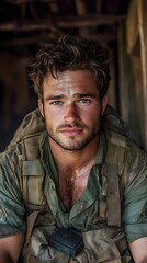 Fototapeta premium Young Caucasian male soldier with intense gaze, dressed in military gear.