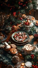Fototapeta premium Festive holiday table adorned with assorted cookies and treats, evoking warmth and joy.