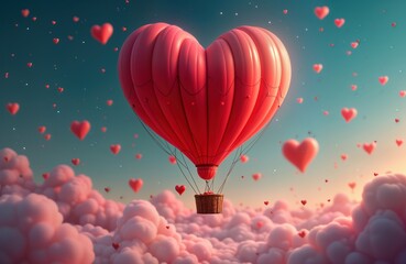 Fototapeta premium Heart shaped hot air balloon floats among soft pink clouds. Many small red hearts drift around the balloon and sky. Romantic and cute Valentine Day scene. Generative AI artwork showcases love and joy.