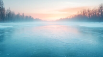 Obraz premium Tranquil winter sunrise over frozen lake nature landscape serene environment wide viewpoint