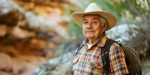 Elderly Hispanic man exploring nature in a plaid shirt and cowboy hat
