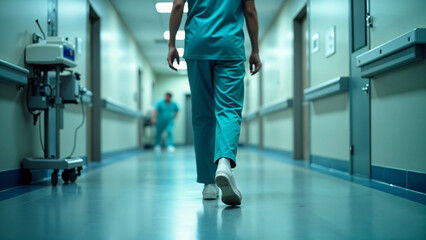 Obraz premium A nurse is walking down a hospital hallway with blurry background