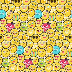 Crowd smile emoji seamless pattern with emoticons and different facial expressions. Ornament for printing on fabric, cover and packaging. Vector