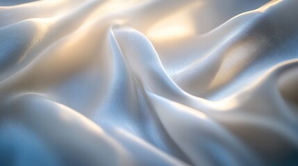 Obraz premium Macro shot of elegant silky fabric showcasing smooth waves and a luminous, abstract texture in soft hues of white and blue.