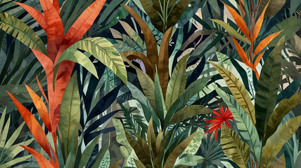 Fototapeta premium Colorful Tropical Botanical Art in Vintage Retro Style Vintage Wallpaper