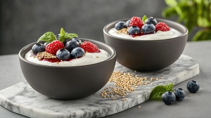 Two grey bowls of yogurt topped with fresh blueberries, jam, and hemp seeds on a marble board, set against a soft grey background.