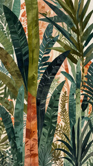 Fototapeta premium Retro Botanical Art Featuring Vibrant Tropical Foliage and Nature Designs Vintage Wallpaper