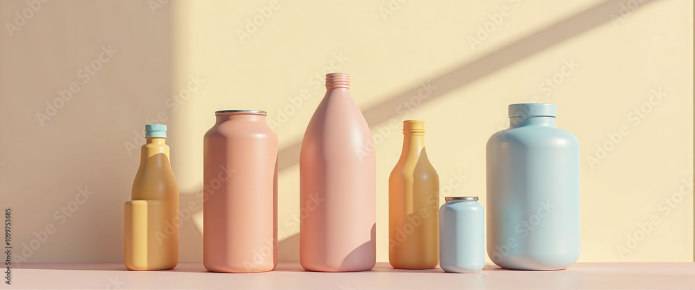 Poster a row of colorful vases and jars are displayed on a table. the vases are arranged in a way that crea