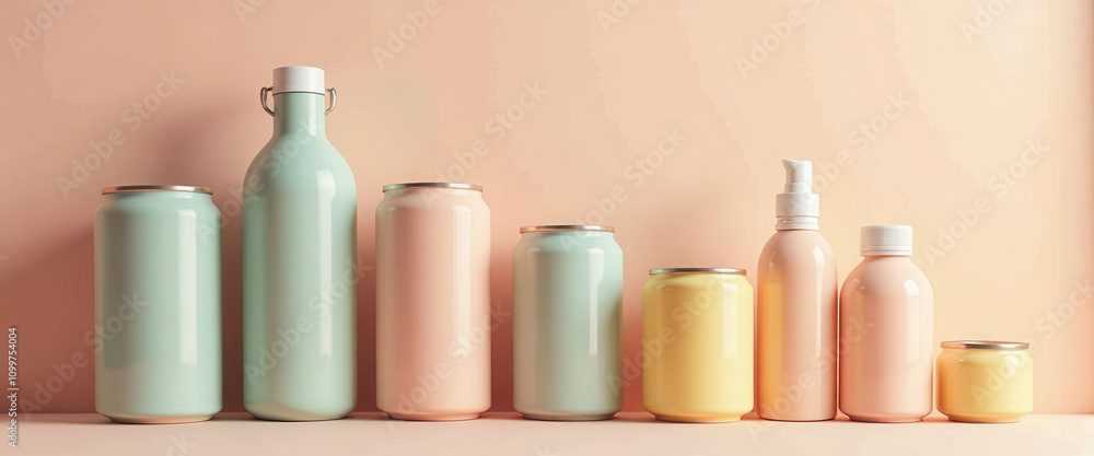 Poster a row of colorful vases and jars are displayed on a table. the vases are arranged in a way that crea