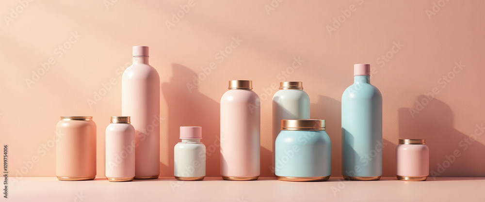 Poster a row of colorful vases and jars are displayed on a table. the vases are arranged in a way that crea