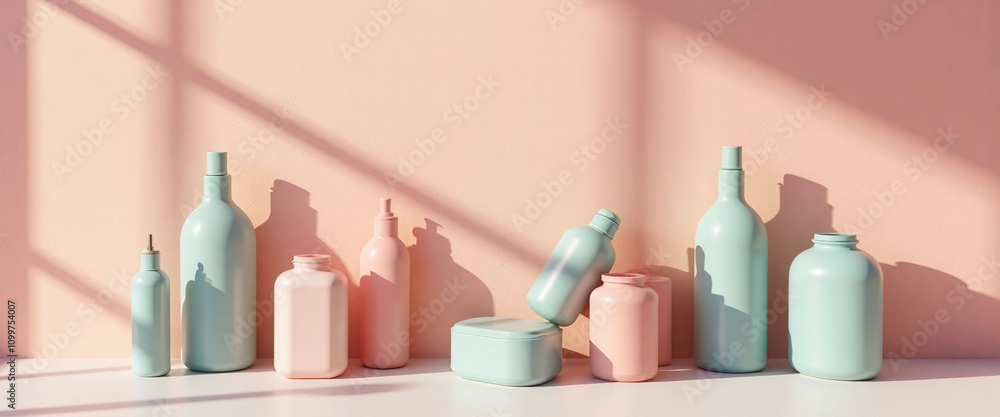 Poster a row of colorful vases and jars are displayed on a table. the vases are arranged in a way that crea