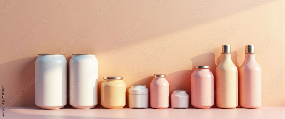 Poster a row of colorful vases and jars are displayed on a table. the vases are arranged in a way that crea