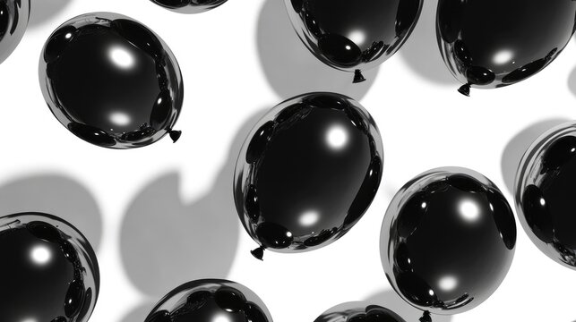 Glossy black balloons scattered on a white background, ideal for promotional events and celebrations, showcasing a sleek and modern aesthetic.