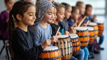 Diverse group of preschool students playing hand drums in music class
