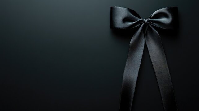 Black ribbon bow on a dark background with ample empty space, perfect for commemorative themes and funeral-related designs.