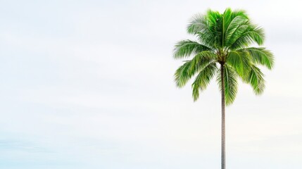 Fototapeta premium Large tropical palm tree with lush fronds, isolated on a white background, vacation vibe with space for text 