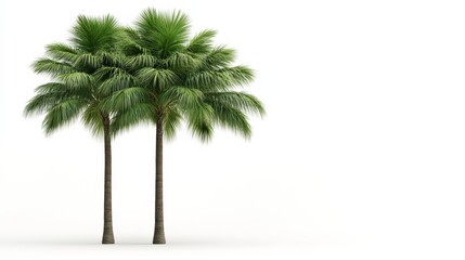 Obraz premium Large tropical palm tree with lush fronds, isolated on a white background, vacation vibe with space for text 