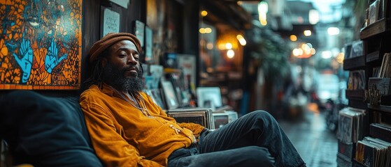 Fototapeta premium [urban aesthetics furniture culture colors] Relaxed Urban Retreat: Man Unwinds amidst Books and Natural Light
